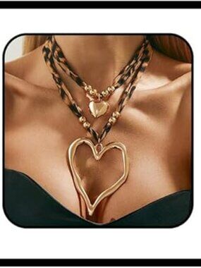NEW Chunky Gold Heart Necklace Y2K large Heart Pendant Leopard Print Scarf Puffy
